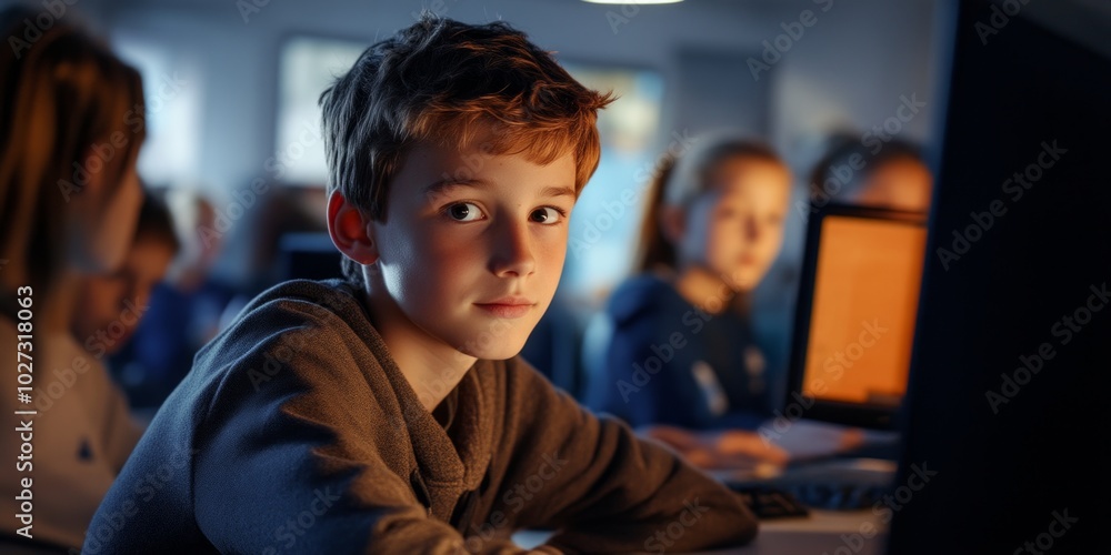 Poster a focused boy gazing at a computer screen in a classroom setting. his expression shows curiosity and