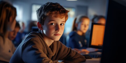 Fototapeta premium A focused boy gazing at a computer screen in a classroom setting. His expression shows curiosity and eagerness to learn. This image captures the essence of modern education and technology. AI
