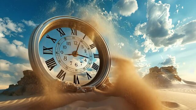 Giant clock buried in sand dunes under a bright sky at sunset reveals time's passage in a surreal desert landscape