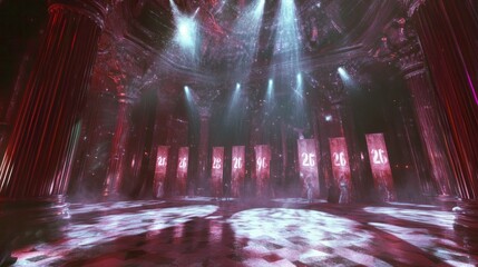 A Mystical Hallway with Red Pillars and Light Beams