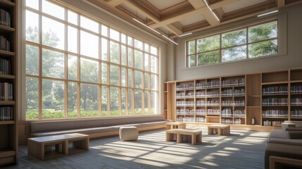 Fototapeta premium Modern Library Interior with Large Window and Bookshelves