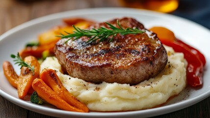 Indulge in a Savory Steak Dinner with Creamy Mashed Potatoes and Fresh Vegetables