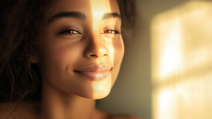 Portrait of a woman, Three-quarters view of a woman smiling softly, illuminated by diffused window light. Sunlight highlights her smooth skin, with focus on her eyes and lips