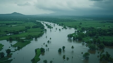 Lush Tropical River Surrounded by Verdant Wetlands and Distant Mountains