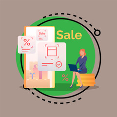 Businesswoman using laptop to offer discounts in her internet store vector illustration. Huge smartphone with sale offer and gift boxes. Business, shopping, sale, technology concept for banner design