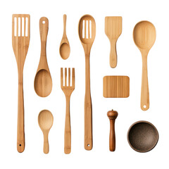 Top View Collection of Elegant Bamboo Kitchen Utensils on Wooden Surface