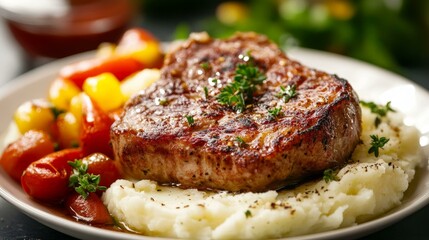 Savor the Flavors: A Gourmet Dinner Plate of Succulent Meat with Mashed Potatoes and Colorful Vegetables