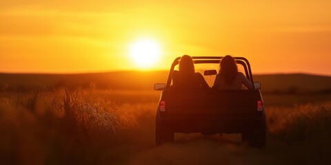 Two individuals are relaxing in the back of a pickup truck, enjoying a scenic drive through a lush landscape with a vivid sunset stretching across the horizon.