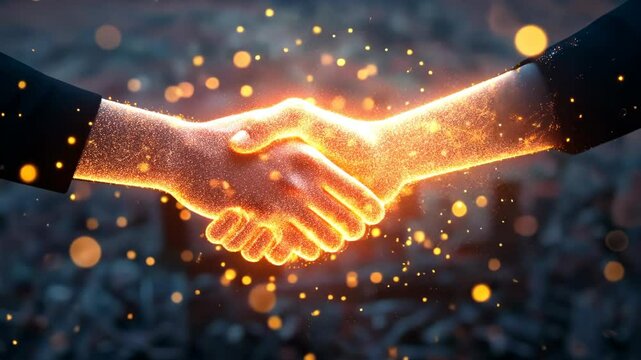 Hands shaking in a digital partnership with glowing effects during an evening city skyline backdrop