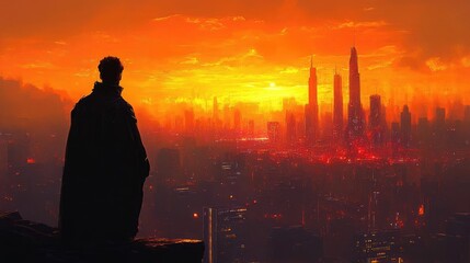 Fototapeta premium Rear view of a lone figure gazing at a dystopian city skyline, vibrant neon lights illuminating the horizon, surreal atmosphere