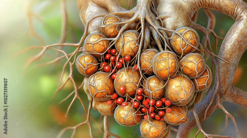 Aufkleber 3d illustration of a cluster of cells with red spheres.