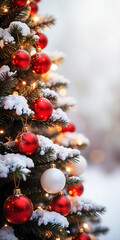 Close-up of a snow-covered Christmas tree, with beautiful ornaments, glowing lights and a wintry background. A festive christmas atmosphere.