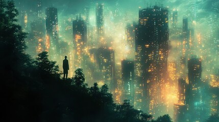 Obraz premium Side profile of enchanted forests intertwined with futuristic cityscapes, glowing with magical luminescence and urban textures