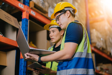 Two warehouse workers using a digital tablet while recording inventory. Logistics employees working with warehouse management software in a large distribution centre.