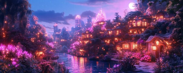 Obraz premium Side view of a vibrant fantasy city merging with urban ruins, illuminated by neon lights and glowing flora