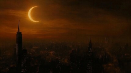 Obraz premium Enchanting Cityscape Under the Crescent Moon's Ethereal Glow
