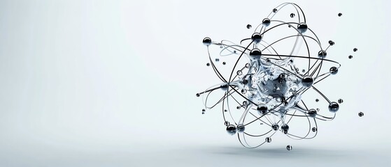 An atom with glowing electrons, futuristic wireframe style, isolated on white background