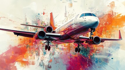 Tilted angle view of a soaring airplane gracefully intertwining with climbing stock market graphs, vibrant abstract art style