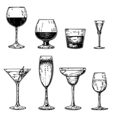 Set of glass goblets in ink hand drawing. Isolated on white. Glasses with white and red wine, glasses for cocktails, cognac, whiskey, vodka on the white background