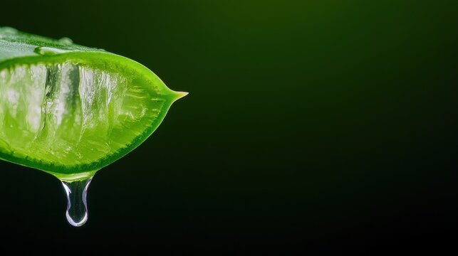 Close-up of aloe vera leaf with dripping gel on dark green background