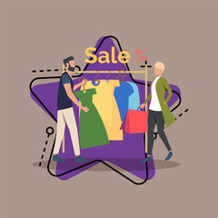 Woman doing shopping in boutique flat vector illustration. Male assistant offering dress to female buyer on sale. Shopping, sale, special offer concept for banner or website design