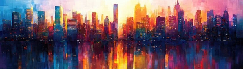 Obraz premium Urban skyline intertwined with magical realms, vibrant colors reflecting in glass, twilight casting enchanting shadows