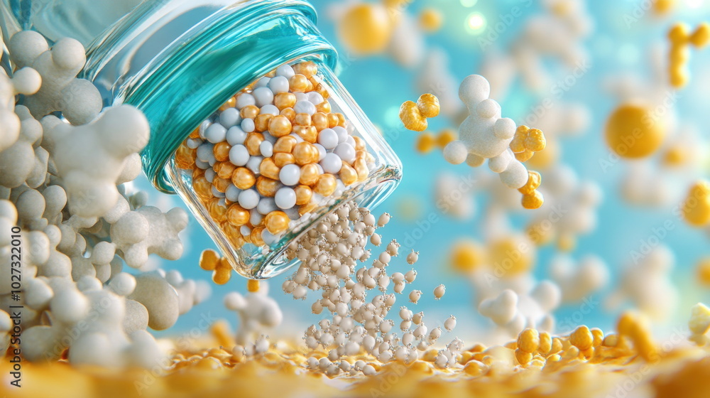 Poster 3D Rendering of Colorful Spheres Pouring from a Jar.