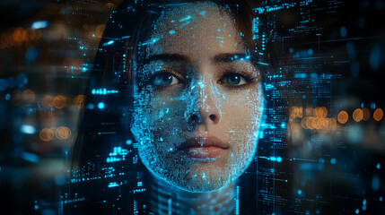 woman face is digitally rendered with glowing blue lines and dots resembling code or data against a blurred background of digital code and lights