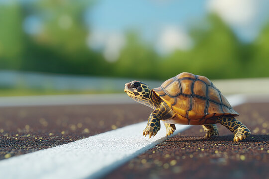 animal by ai // turtle on running track reaching the finish line, closeup, side view, bokeh background, photorealistic