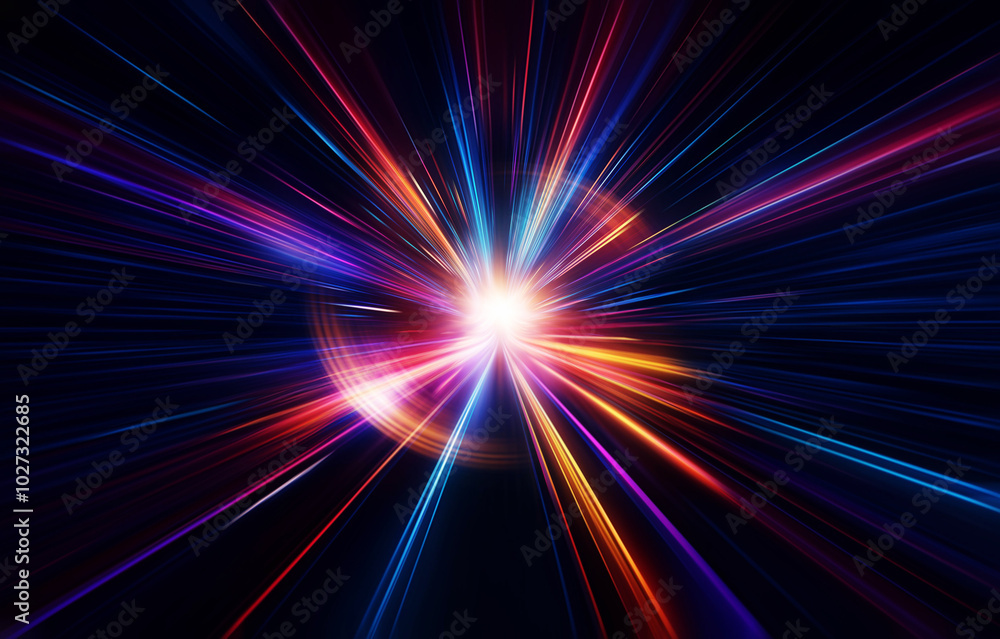Poster abstract glowing neon light streaks in a dark background create a sense of speed and motion.
