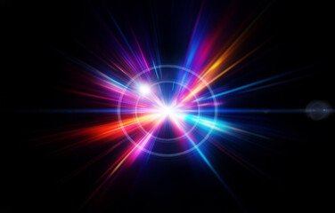 Abstract background with glowing light rays in vibrant colors radiating outward from the center on a black background.