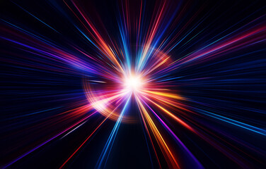 Abstract glowing neon light streaks in a dark background create a sense of speed and motion.