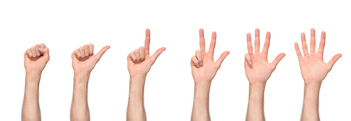 Man's hand counts from zero to five, palm facing us, isolated on transparent background, png file	