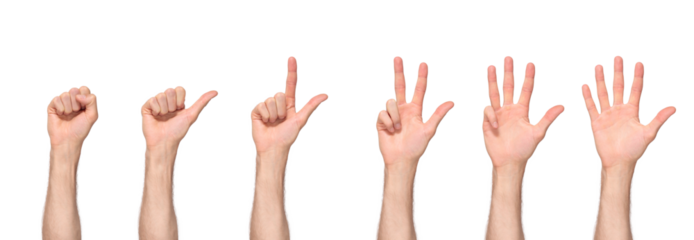 Man's hand counts from zero to five, palm facing us, isolated on transparent background, png file	