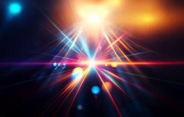 Abstract background with a bright light source surrounded by multicolored rays emanating outward.