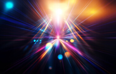 Abstract colorful rays converge in the center, radiating outward against a black background.