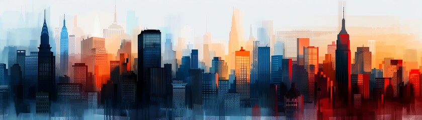 Obraz premium Urban skyline at dawn, soft pastel hues, flat design illustration