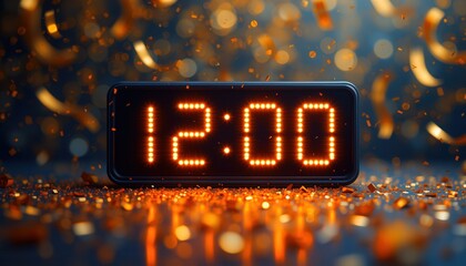 A digital clock showing 12.00 with golden confetti falling in the background