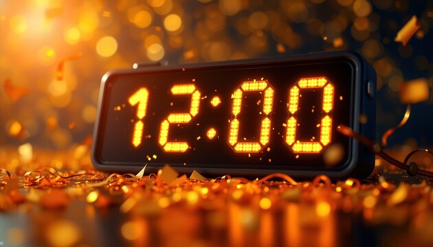 A digital clock showing 12.00 with golden confetti falling in the background