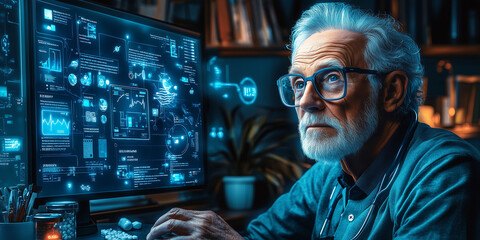Senior Scientist Analyzing Data on Futuristic Interface