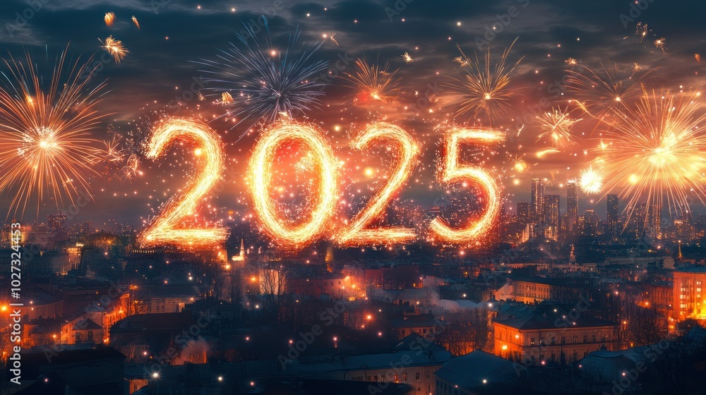 Poster fireworks display over cityscape with 2025 written in sparks