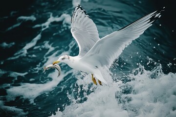 Fototapeta premium a sea gull diving into the sea after a fish, grabbed the fish with its beak and took off