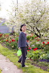 a boy waters from a watering can in the summer flowers, tulips, plants, laughs, garden, sakura, blooms, village, out of town, entertainment