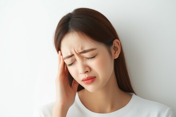 Fototapeta premium Young woman holding her head in pain, suffering from a headache. Close-up of a stressed female with eyes closed against white background.