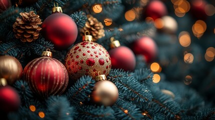Christmas tree with red and golden baubles and lights bokeh background. Space for text. Copy space. Greeting card.