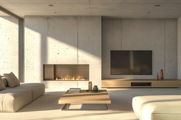 Fototapeta premium Contemporary chic living space with minimalist fireplace, spacious sofa, coffee table, and TV against serene light concrete backdrop Warm ambiance