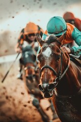 Enthusiastic crowd cheering at horse racing event during exciting race day