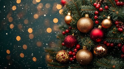 Christmas tree with red and golden baubles and lights bokeh background. Space for text. Copy space. Greeting card.