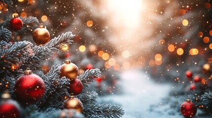 Christmas tree with red and golden baubles and lights bokeh background. Space for text. Copy space. Greeting card.