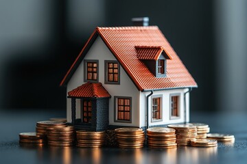 Miniature house model with stacks of coins, representing real estate investment, property value, or mortgage finance
